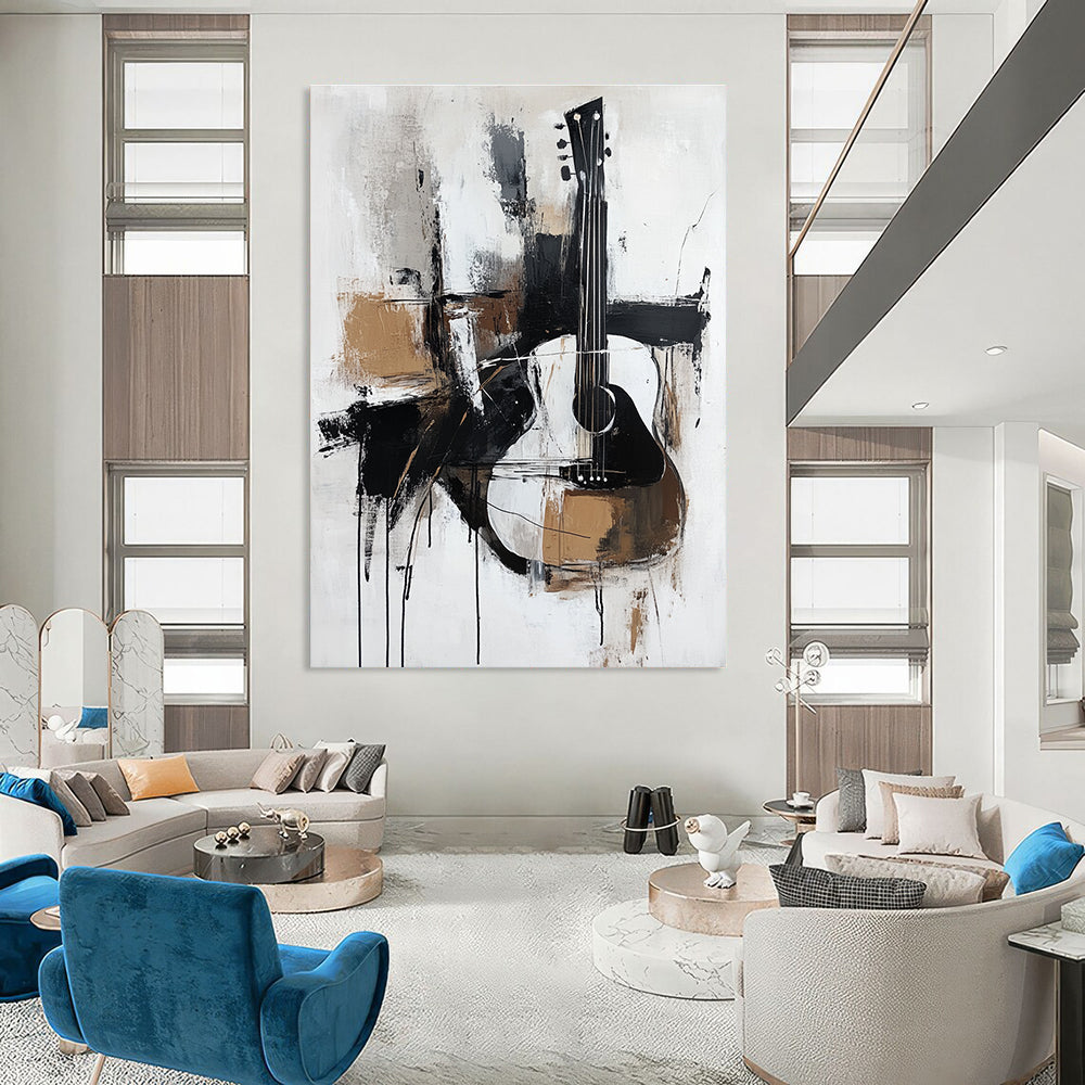A large abstract painting featuring thick brush strokes in black white grey and brown with a minimalistic abstract guitar in elegant neutral tones.STSC818