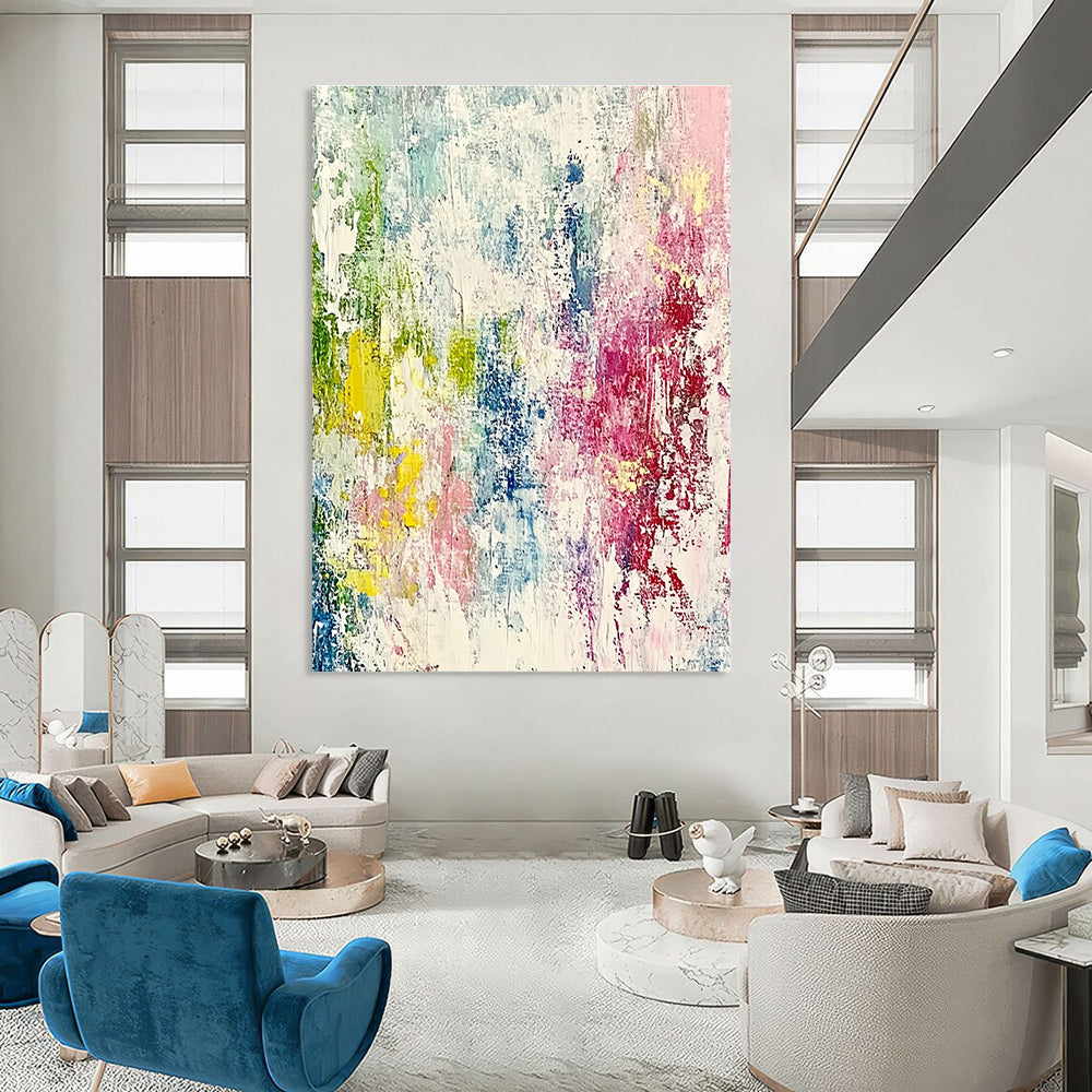 Large abstract painting with pastel colors featuring expressive brushstrokes and fine lines, creating a dynamic sense of movement and depth.STSC581