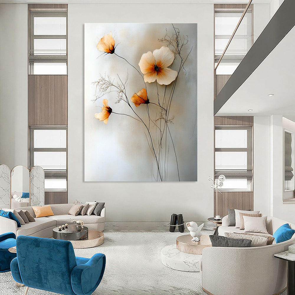 Large abstract painting featuring flowers, thin vines, and wildflowers in muted colors on a light background.STSC058