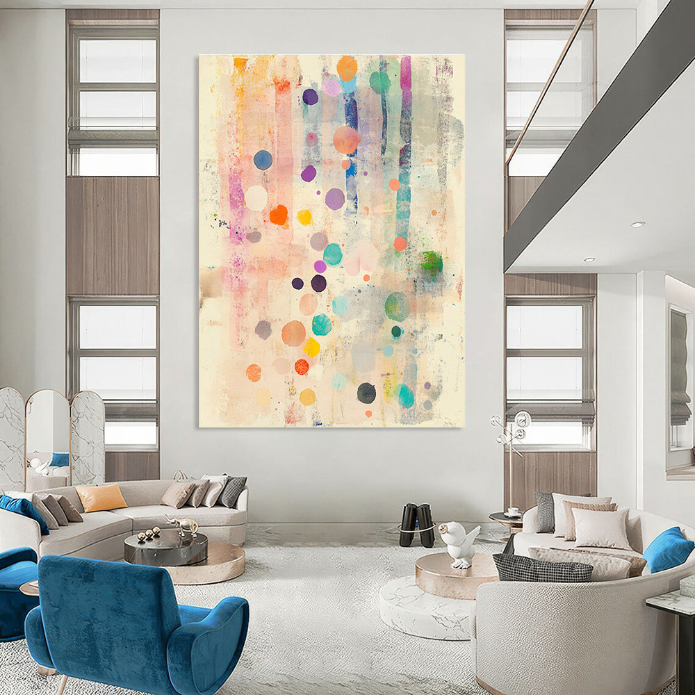 A large abstract watercolor painting featuring soft pastel colors with polka dots and delicate flowers evoking calmness and serenity.STSC1203