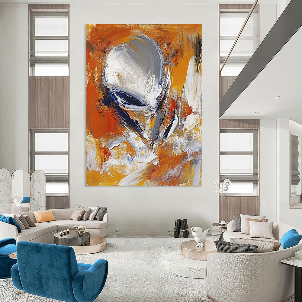 Large abstract painting in the style of James Britton featuring an alien figure in orange and white with blurred brush strokes.STSC626