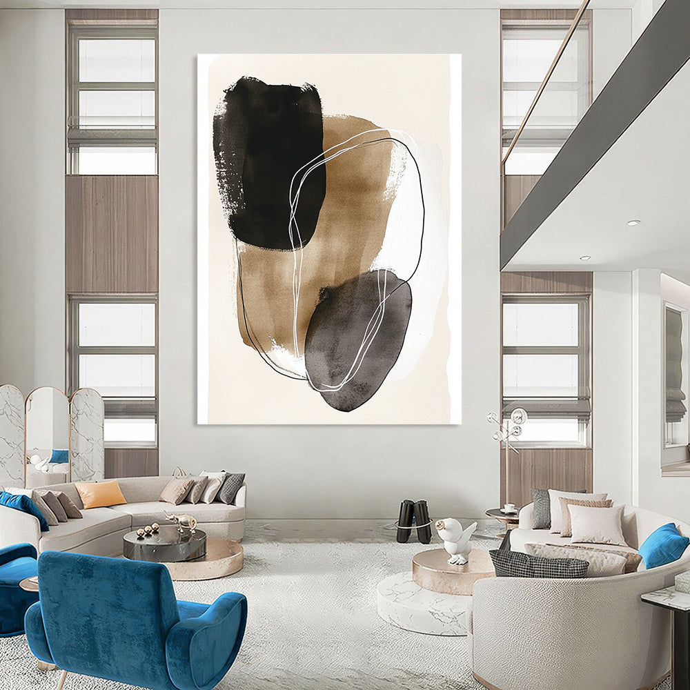 Large abstract art featuring minimal line art with dark gray and beige shapes outlined in white on a beige paper background.STSC1459