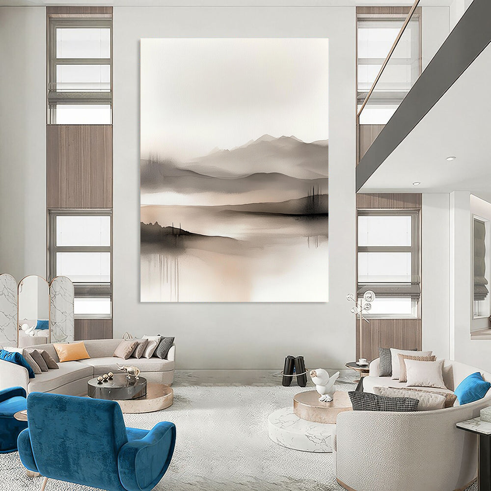 Large abstract watercolor painting featuring soft muted colors of grey beige and white depicting serene hills and foggy mountains for a tranquil atmosphere.STSC504