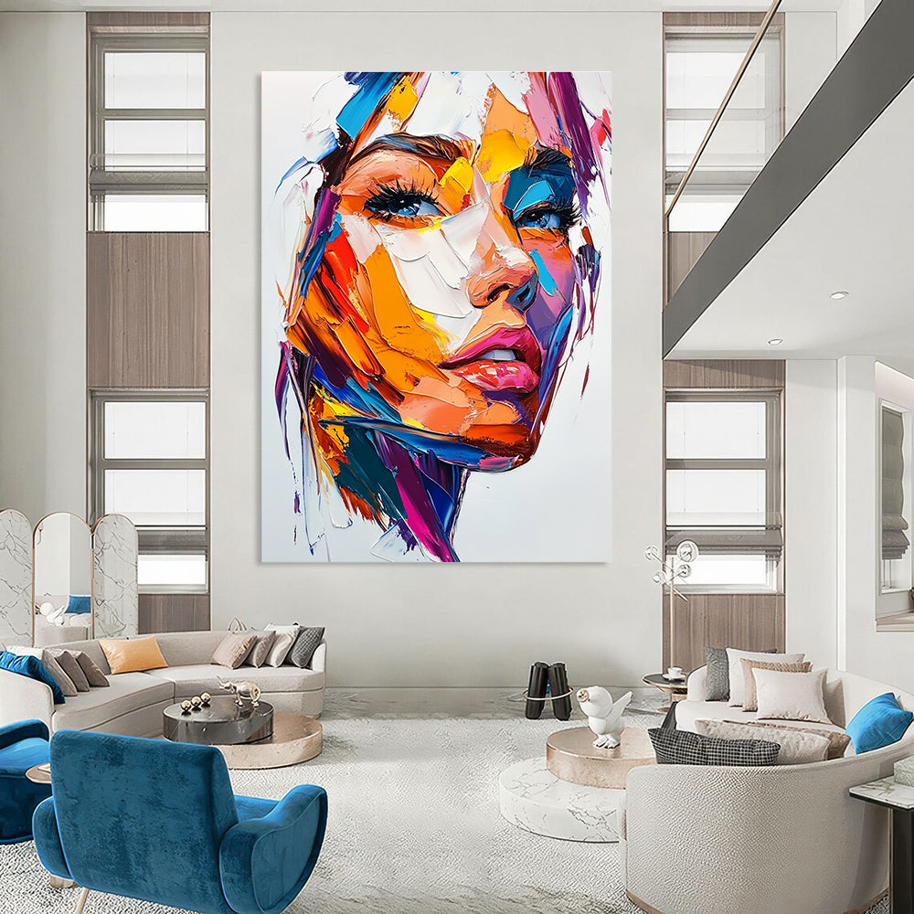 Large abstract painting of a woman's face featuring vibrant colors bold brush strokes and intense emotion on a white background.STSC457