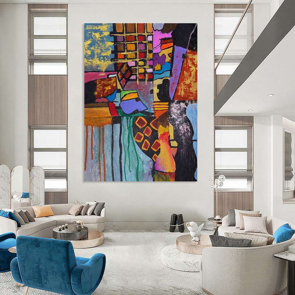 Colorful Cubist - Inspired Abstract Painting with Eclectic Shapes ADGE459