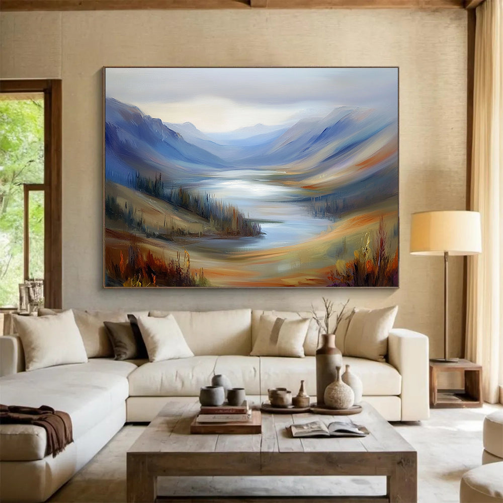 Mountain Lake Abstract Painting with Blue and Brown Tones DYP560