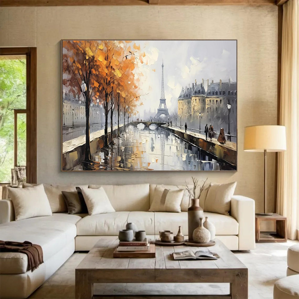 Paris Autumn Scene Abstract Painting with Orange, Grey, and White Tones THY171