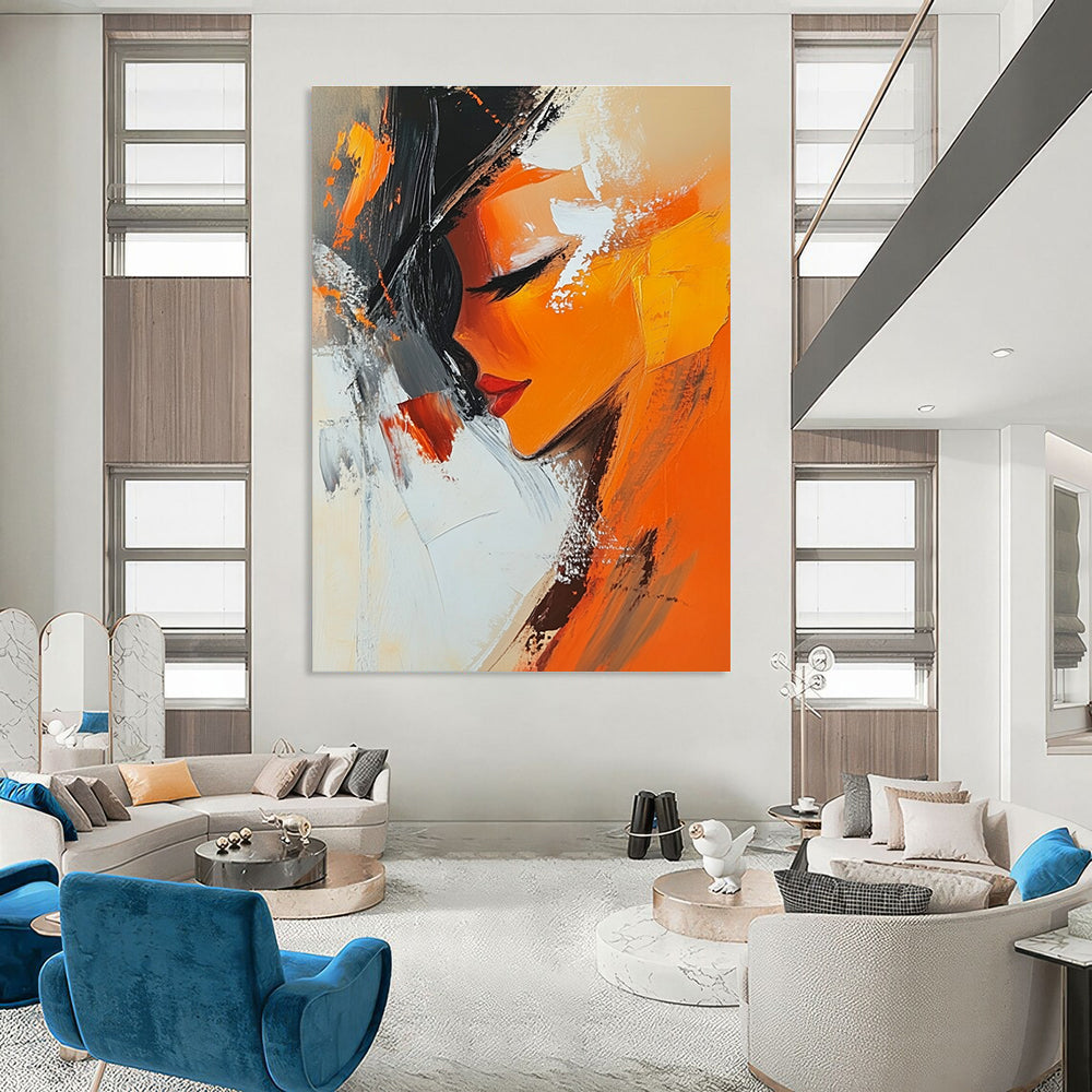 Large abstract oil painting featuring an orange woman infused with expressive brushstrokes in white beige black grey and brown tones.STSC151