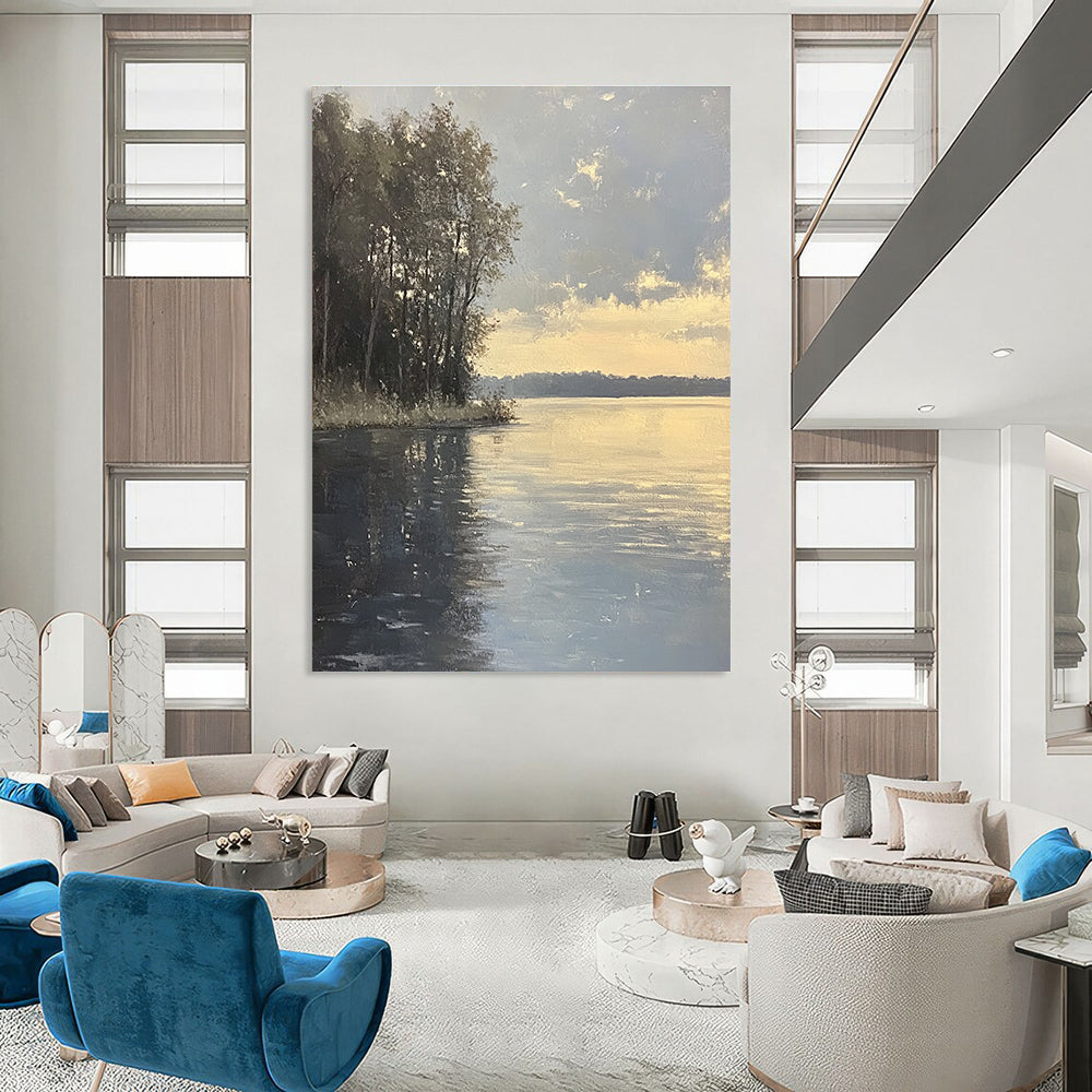 Large abstract painting capturing an overcast lake with tree silhouettes and serene gray reflections in the evening light.STSC885