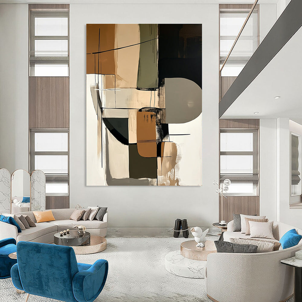 Large abstract painting featuring shapes in beige black and brown that adds sophistication to any space.STSC793