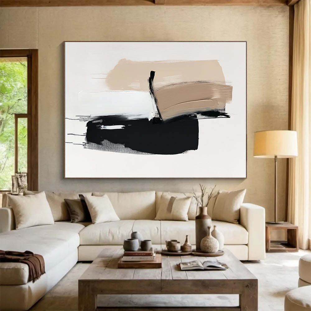 Beige Black and White Abstract Painting with Minimalist Shapes GER632