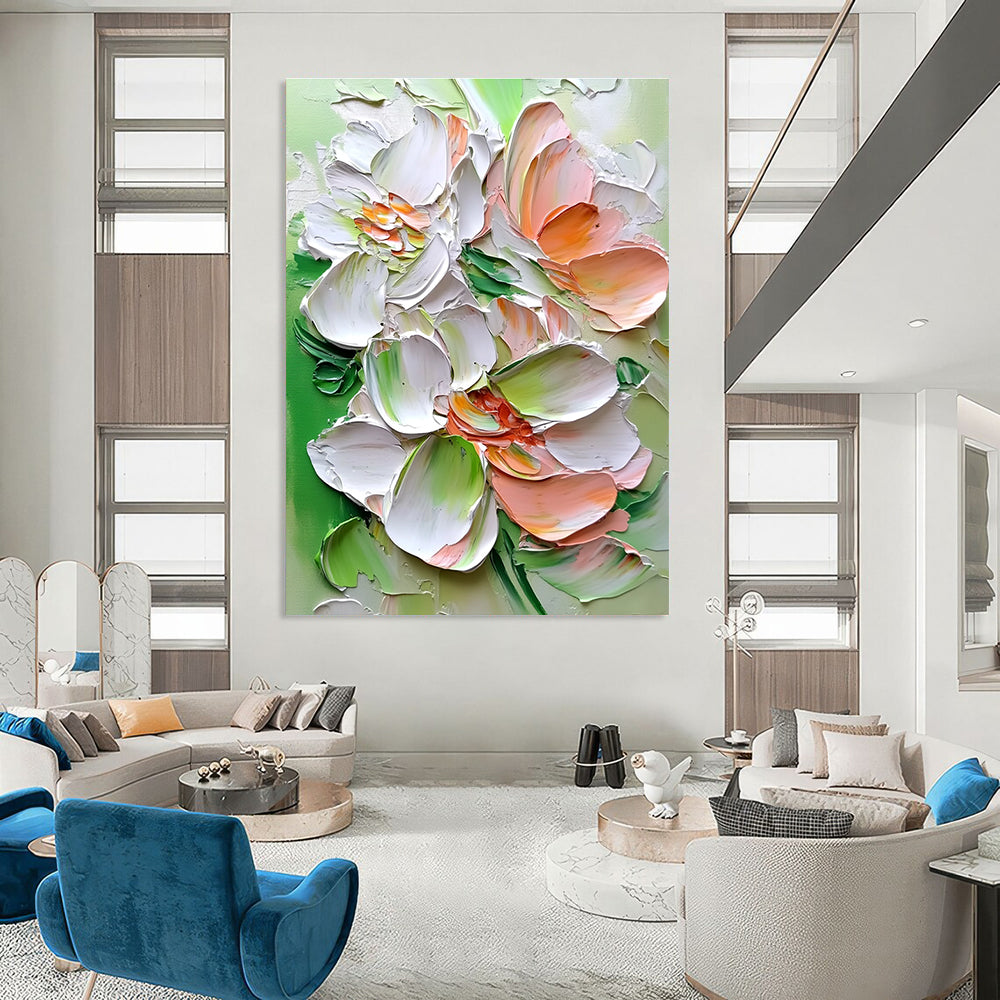 Large abstract painting with thick brushstrokes featuring super-detailed flowers in white pink and green colors for a vibrant artistic expression.STSC1401