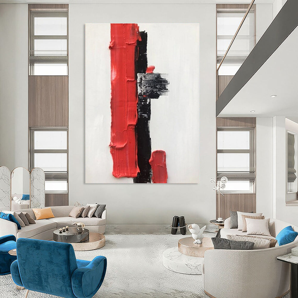 Red and Black Textured Abstract Painting with Geometric Shapes ADGE390