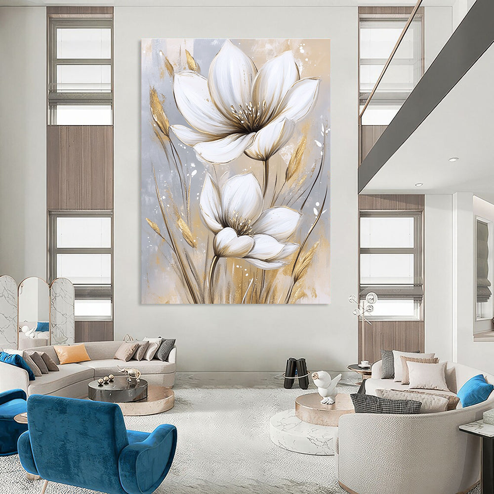 Large abstract painting featuring white flowers on a beige and gray background with soft watercolor textures in white and gold tones.STSC1476