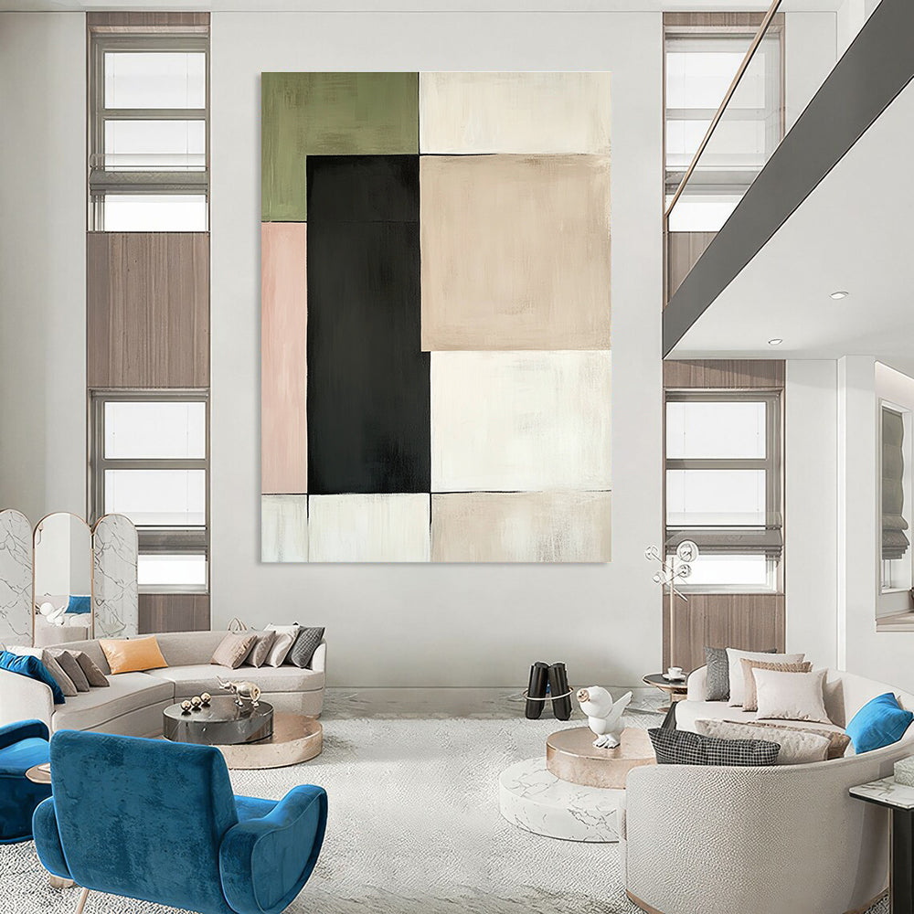 Large abstract painting featuring beige green and black squares with dark grey accents set against a white background with pale pink and light brown highlights.STSC764