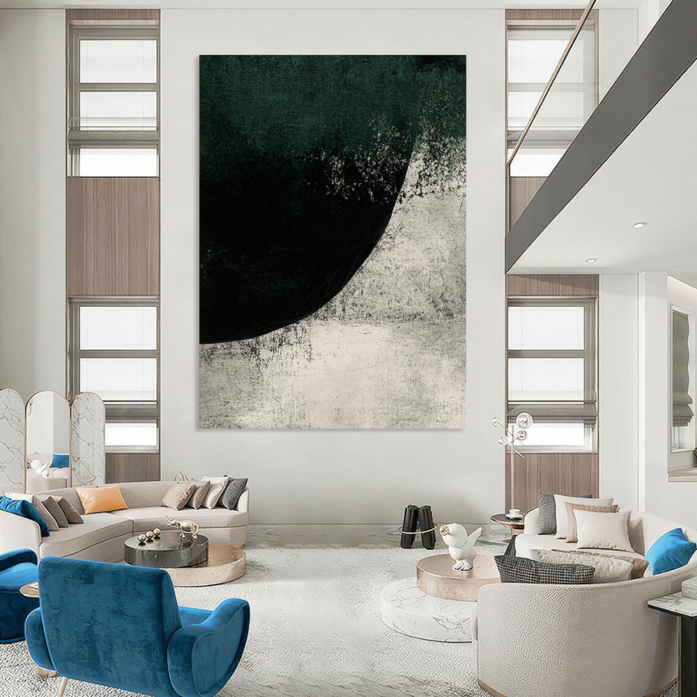 Large abstract painting featuring dark green and gray tones with ink texture and a mysterious rounded shape creating a cold nature-inspired atmosphere.STSC524