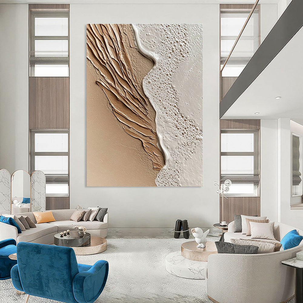 An abstract painting capturing close-up sand and serene waves at sunset featuring intricate details and a soothing beige color scheme.STSC943