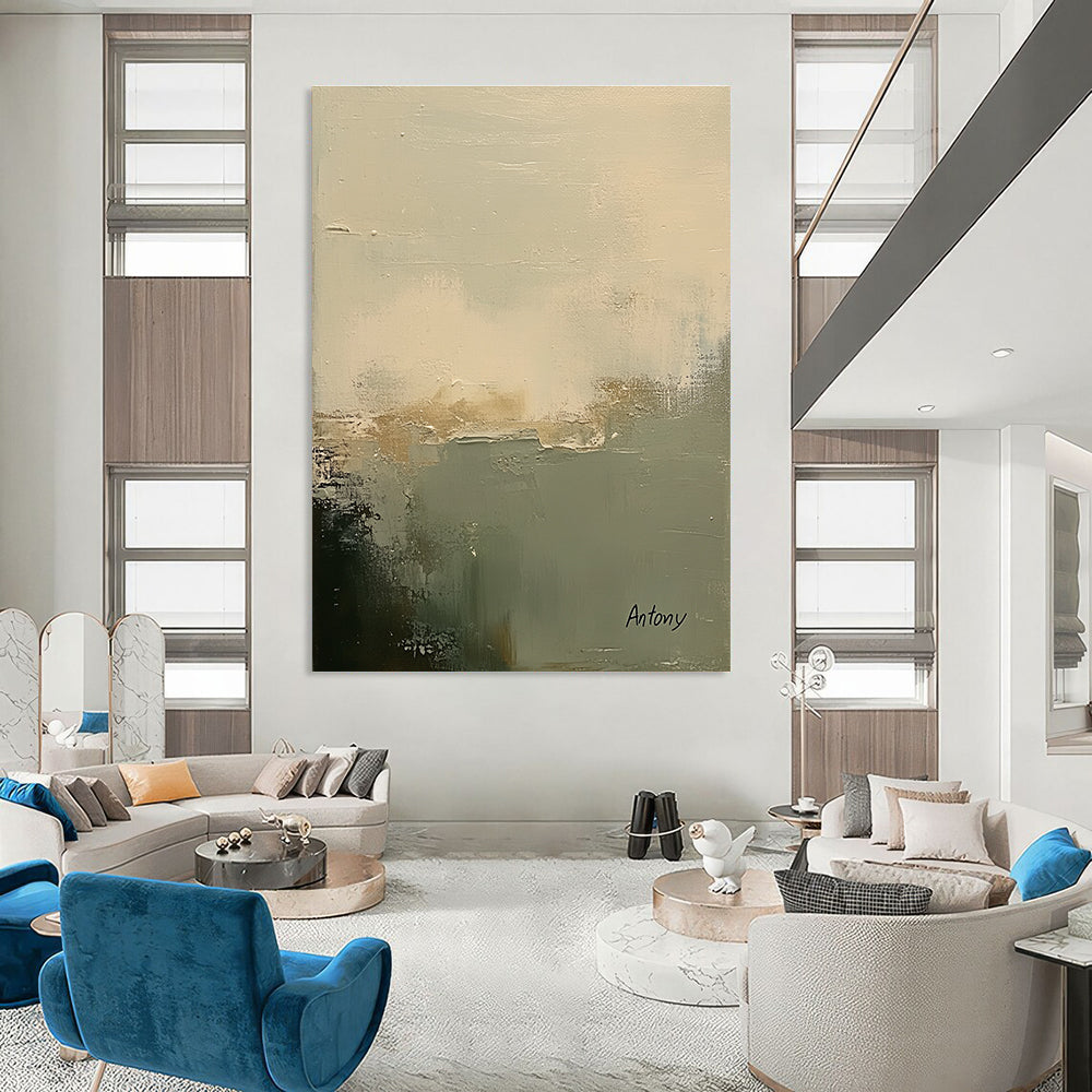 Large abstract painting featuring soft muted white and sage green tones with a textured background and calming minimalistic brush strokes signed by Antony.STSC799