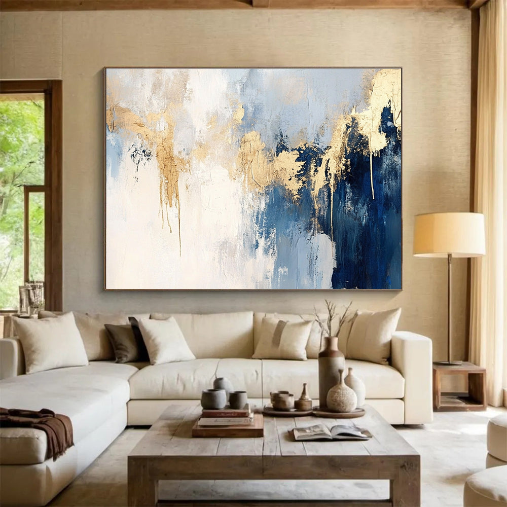 Blue and Gold Abstract Painting with Dripping Details DYP182