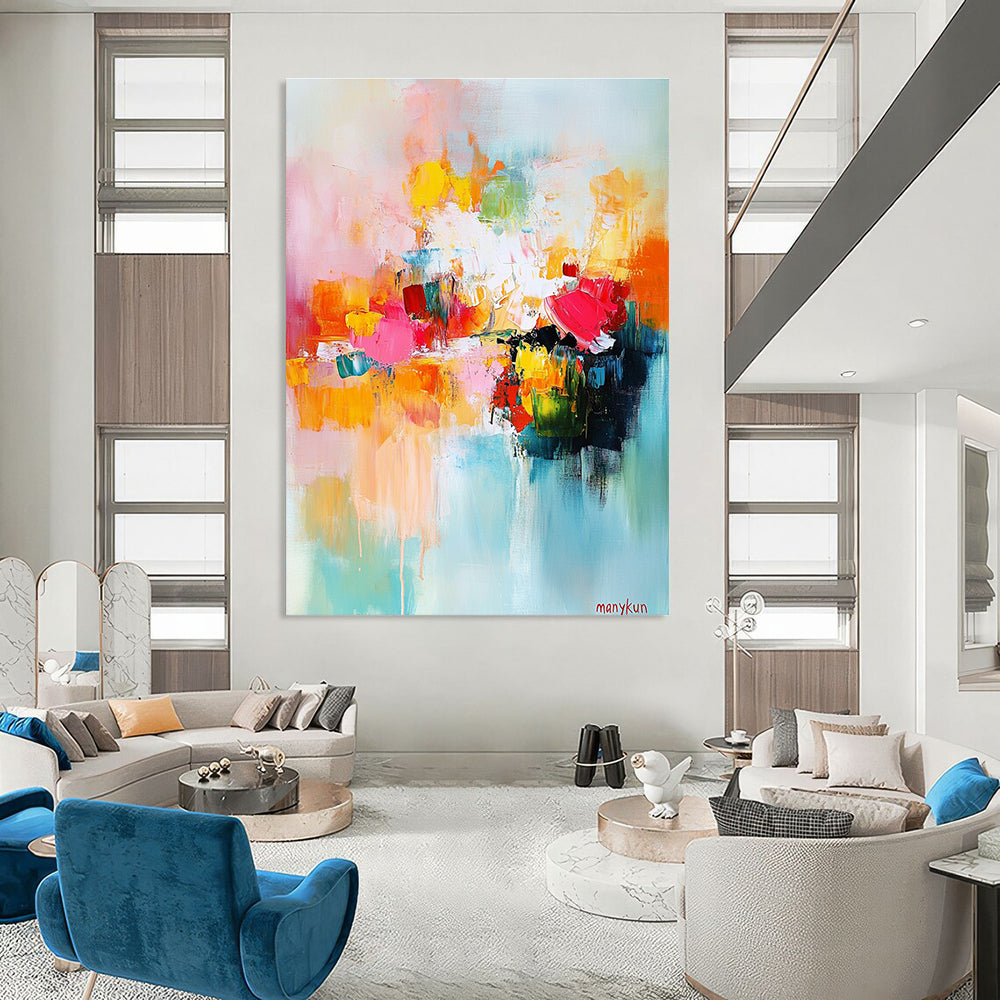 Large abstract painting in bright colors featuring harmonious shapes and soft edges with central text manykun suggesting a serene garden atmosphere.STSC414