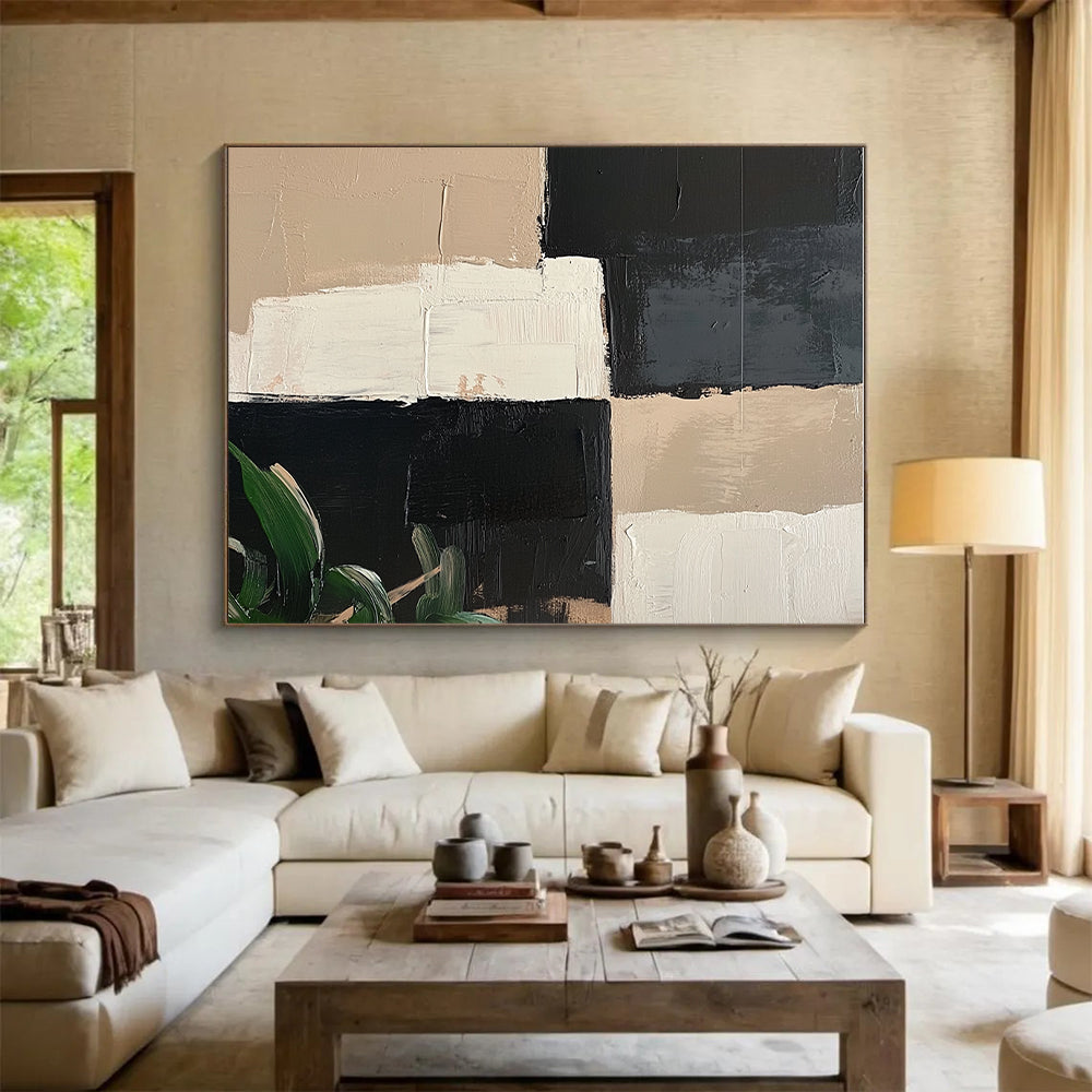 Black Beige and White Abstract Painting with Geometric Blocks GER052