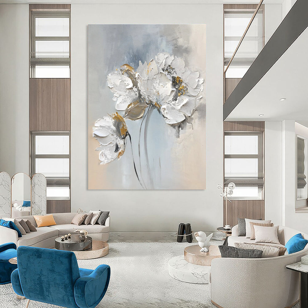 Textured Floral Abstract Painting with Gray and Gold Accents ADGE447