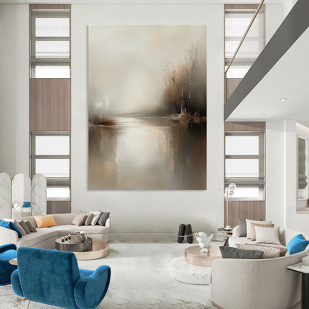Large abstract painting in muted tones of beige and grey featuring tranquil waters and soft brush strokes for a serene atmosphere.STSC077