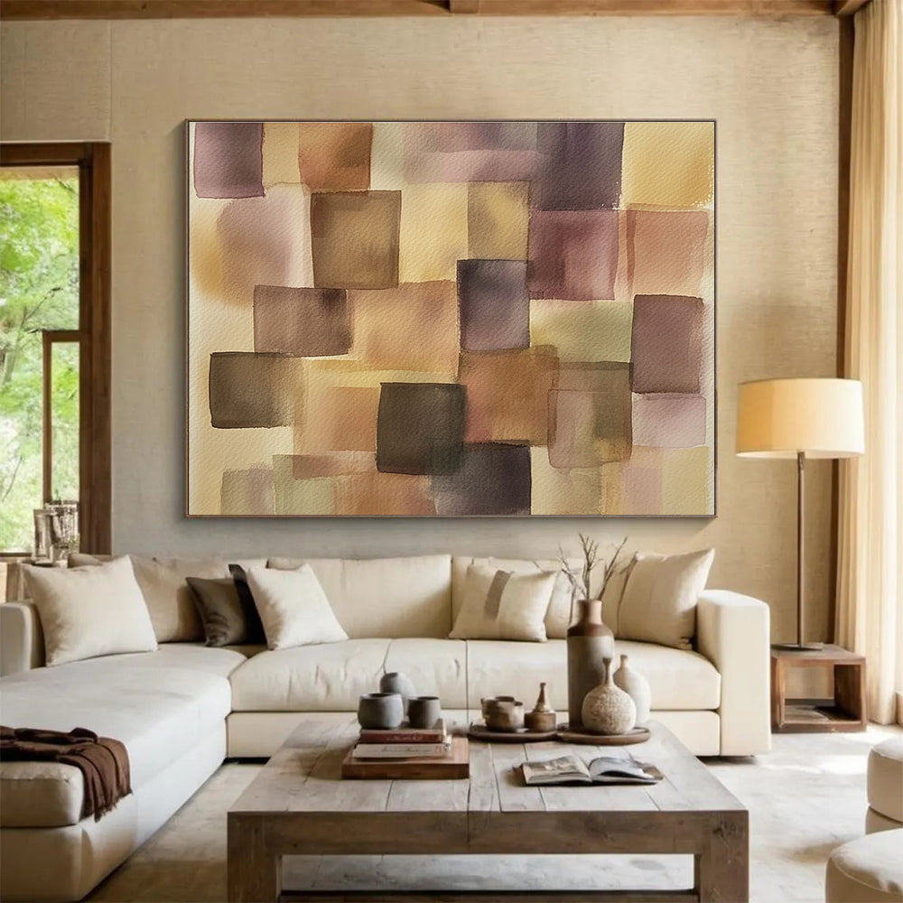 Purple and Brown Squares Watercolor Abstract Painting with Geometric Forms DYP616