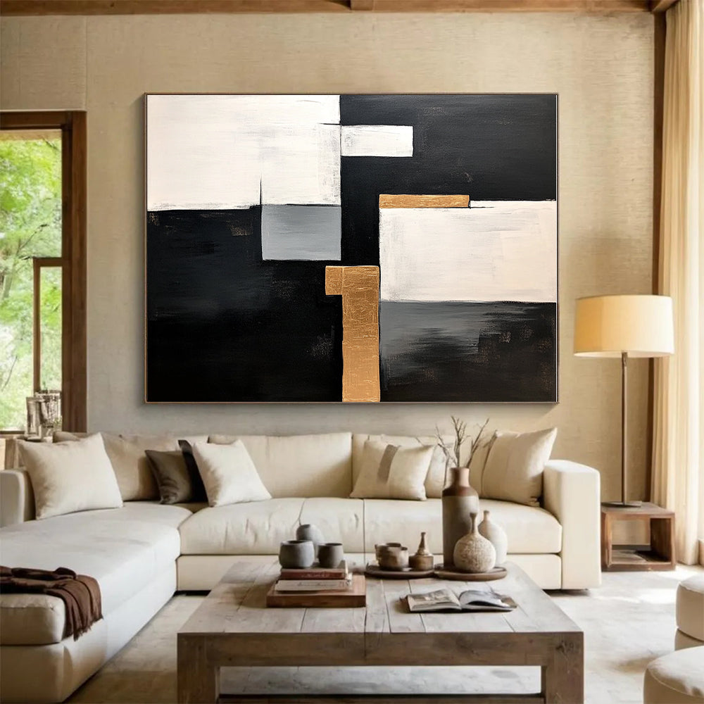 Black White Gray and Gold Abstract Painting with Luxe Elements GER508