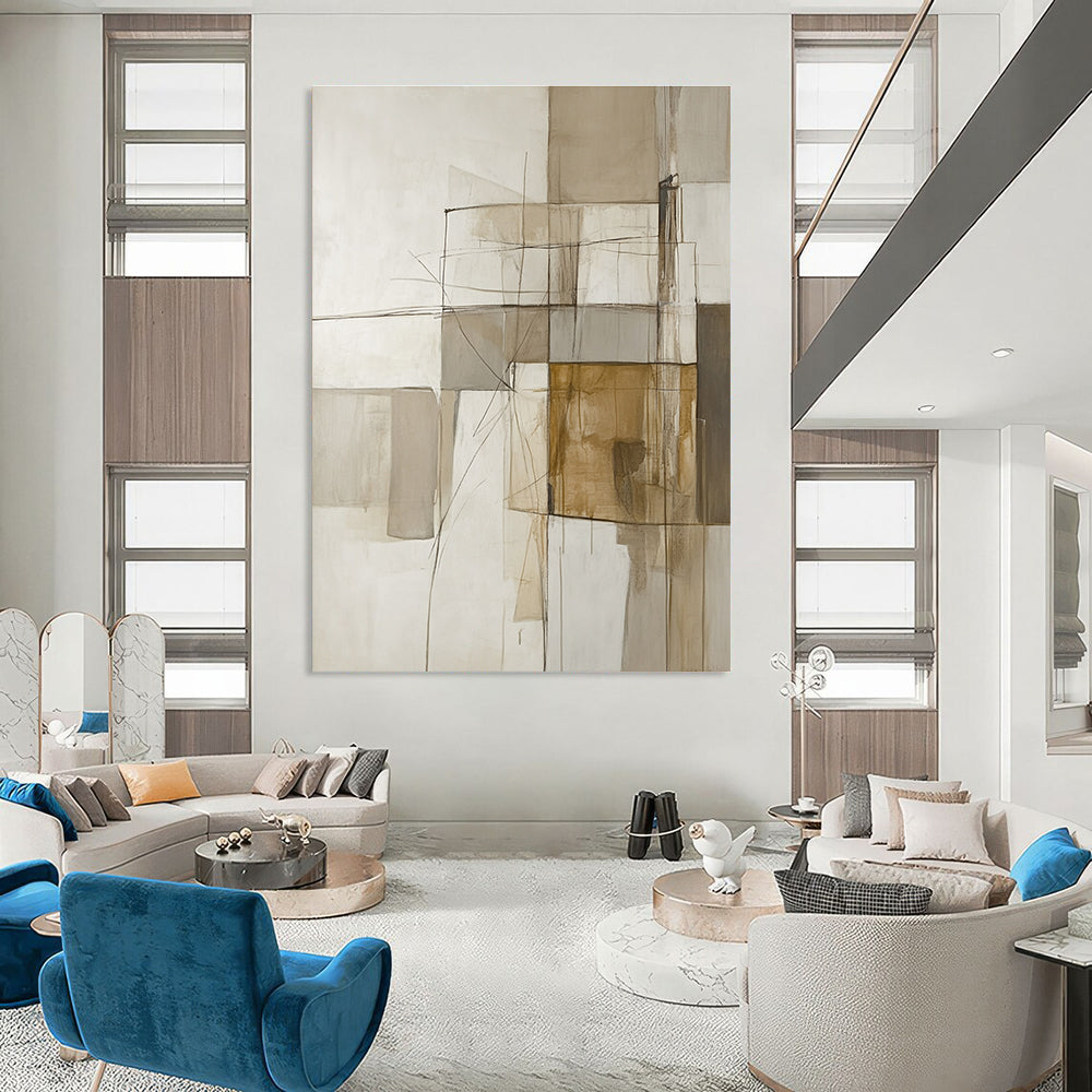 A large abstract painting of an architectural structure in soft neutral tones featuring lines and shapes in beige white grey and brown.STSC638