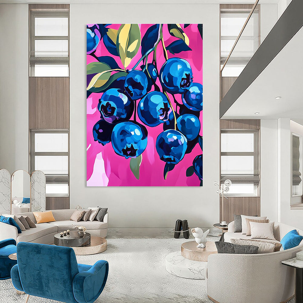 A large abstract painting of vibrant blueberries on a pink background featuring bold brushstrokes and dynamic textures that enhance any space.STSC1226