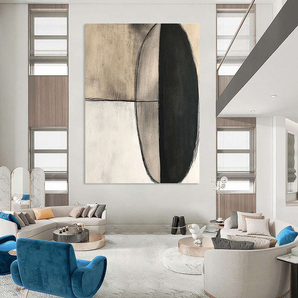 Large abstract painting featuring an oval shape in black ink and charcoal on textured cream canvas with a modern minimalistic style.STSC663