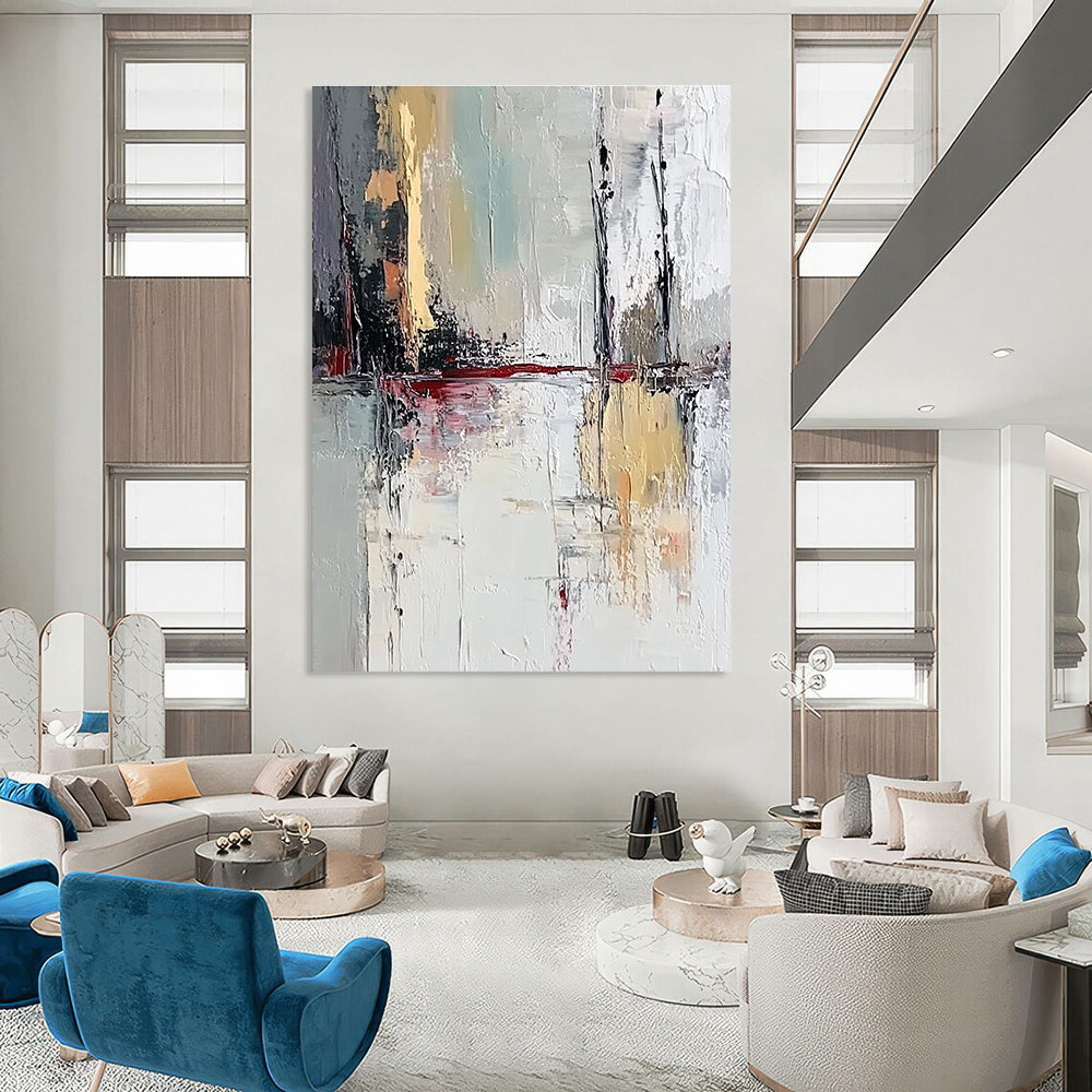 Large abstract painting featuring muted white and grey colors showcasing a lake reflection with thick brush strokes on textured canvas.STSC601