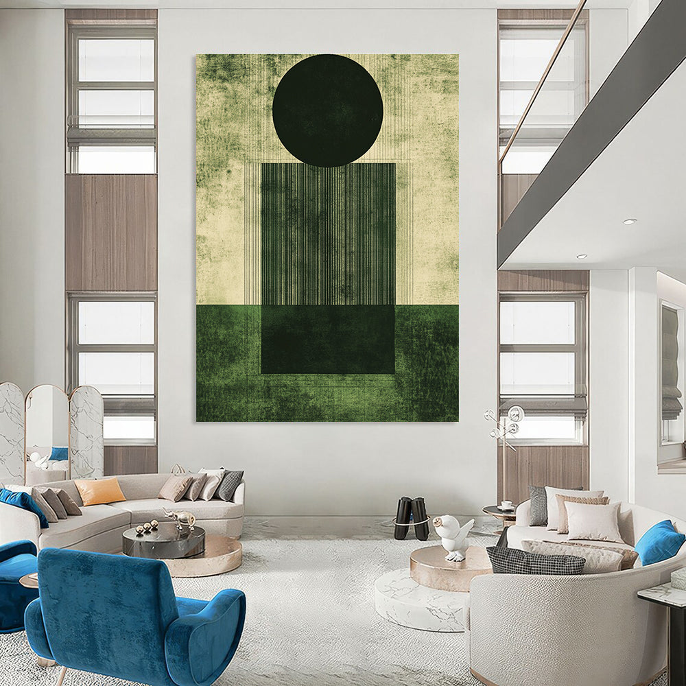 Abstract artwork featuring geometric shapes in deep emerald green and dark gray with a grainy texture and minimalistic design elements.STSC1006