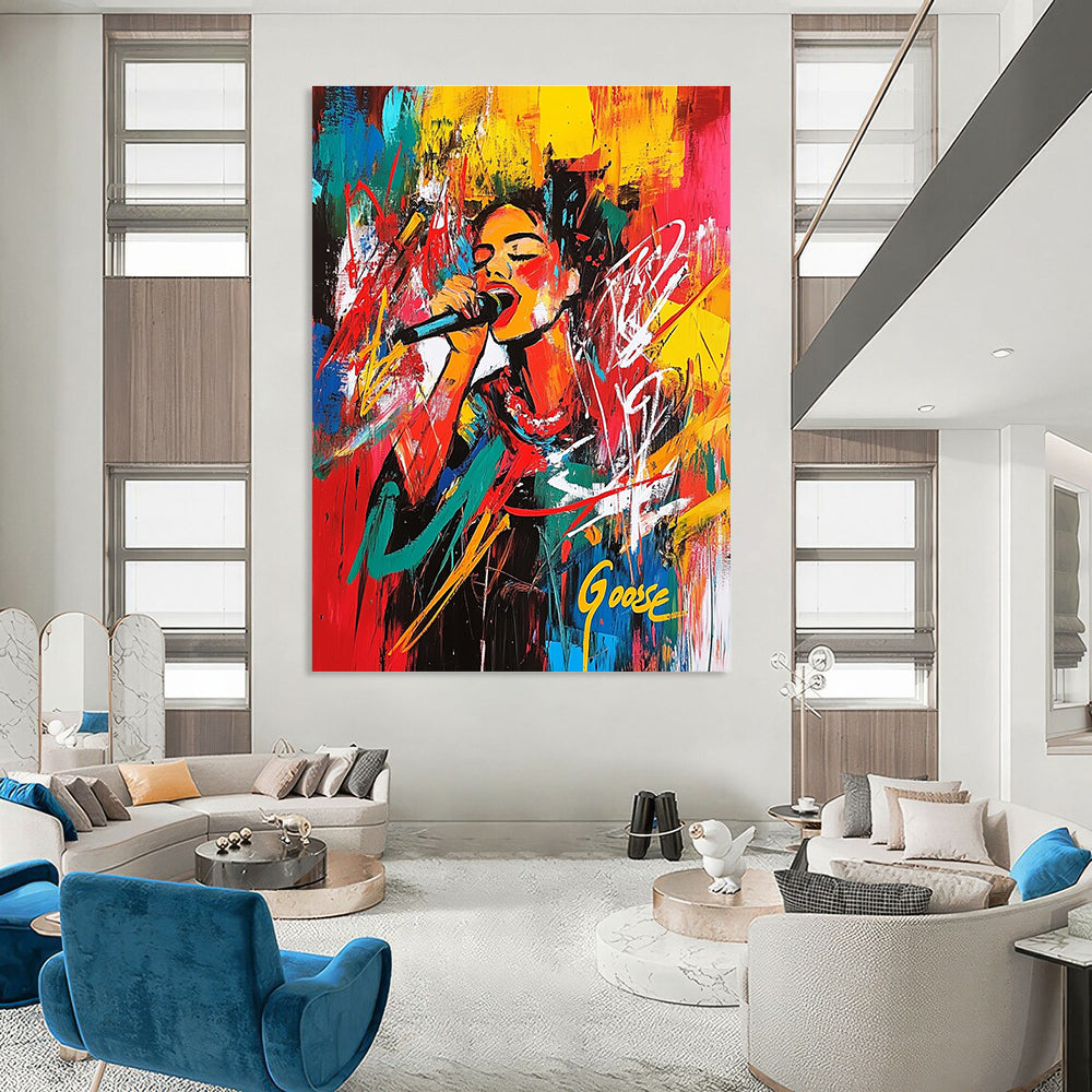 Large abstract painting of DJ Anna Kipreos at Christmas in Stung Treng with vibrant colors and energetic brush strokes creating a chaotic composition.STSC707