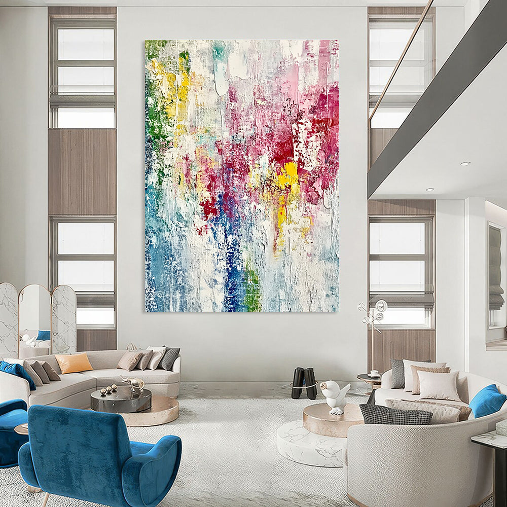 Large abstract painting on textured canvas with vibrant spring colors and thick brush strokes creating an impressionistic feel of growth and vitality.STSC721