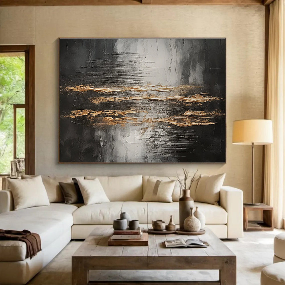 Black and Gold Abstract Painting with Textured Patterns THY318