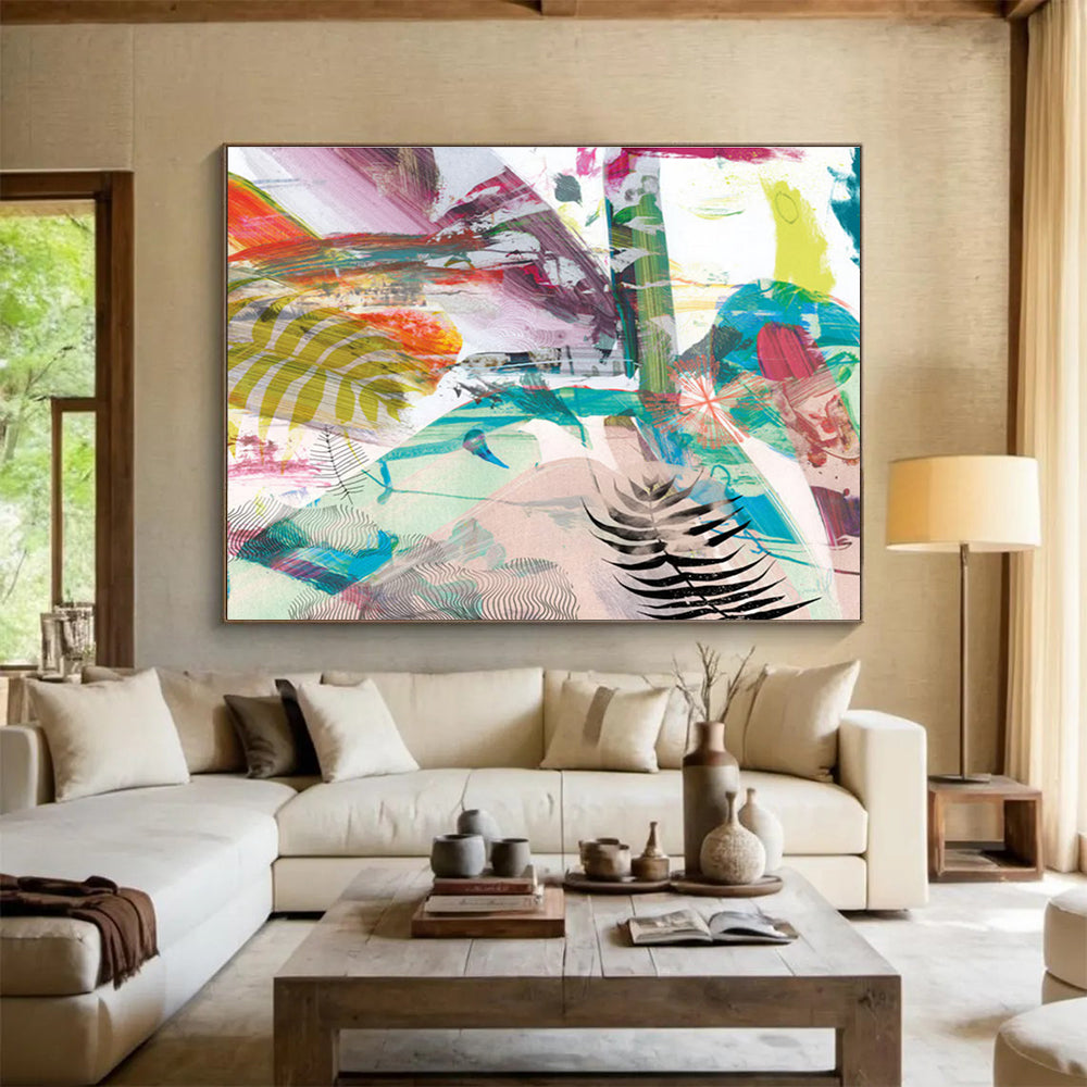Vibrant Mixed - Media Abstract Painting with Colorful Patterns and Ferns THY118