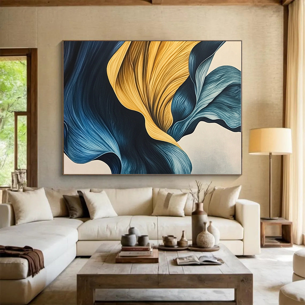 Blue and Yellow Flowing Abstract Painting with Smooth Curves GER049
