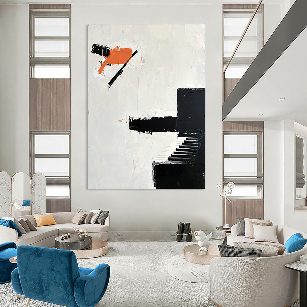 Abstract oil painting featuring bold impasto brush strokes with a minimalist design including an abstract black piano and orange shapes.STSC1089