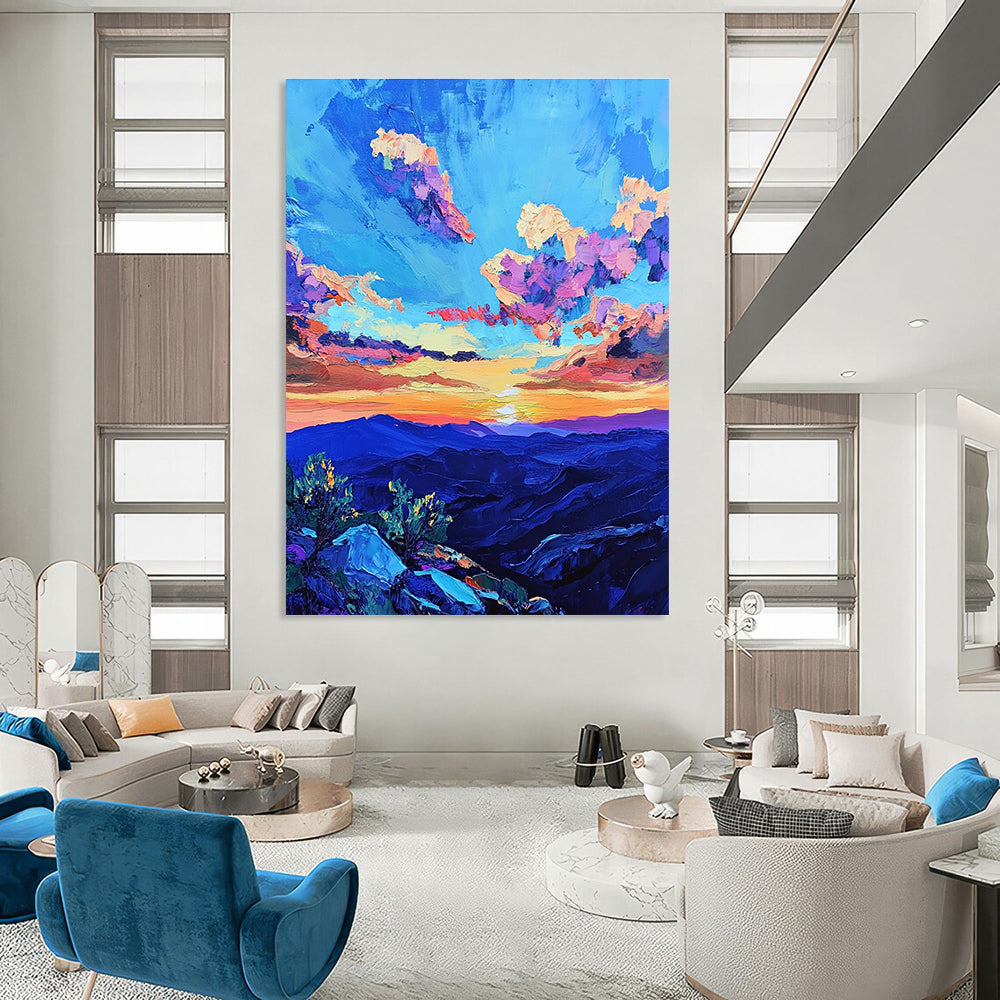 Large abstract painting of a vibrant sunset sky over rugged New Mexico mountains featuring bold colors and dramatic brush strokes inspired by Van Gogh.STSC1457