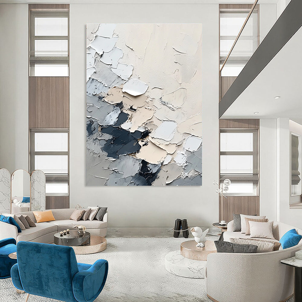 Large abstract painting of snow in grey and white with depth and texture created using a palette knife and a bird's-eye view perspective.STSC567