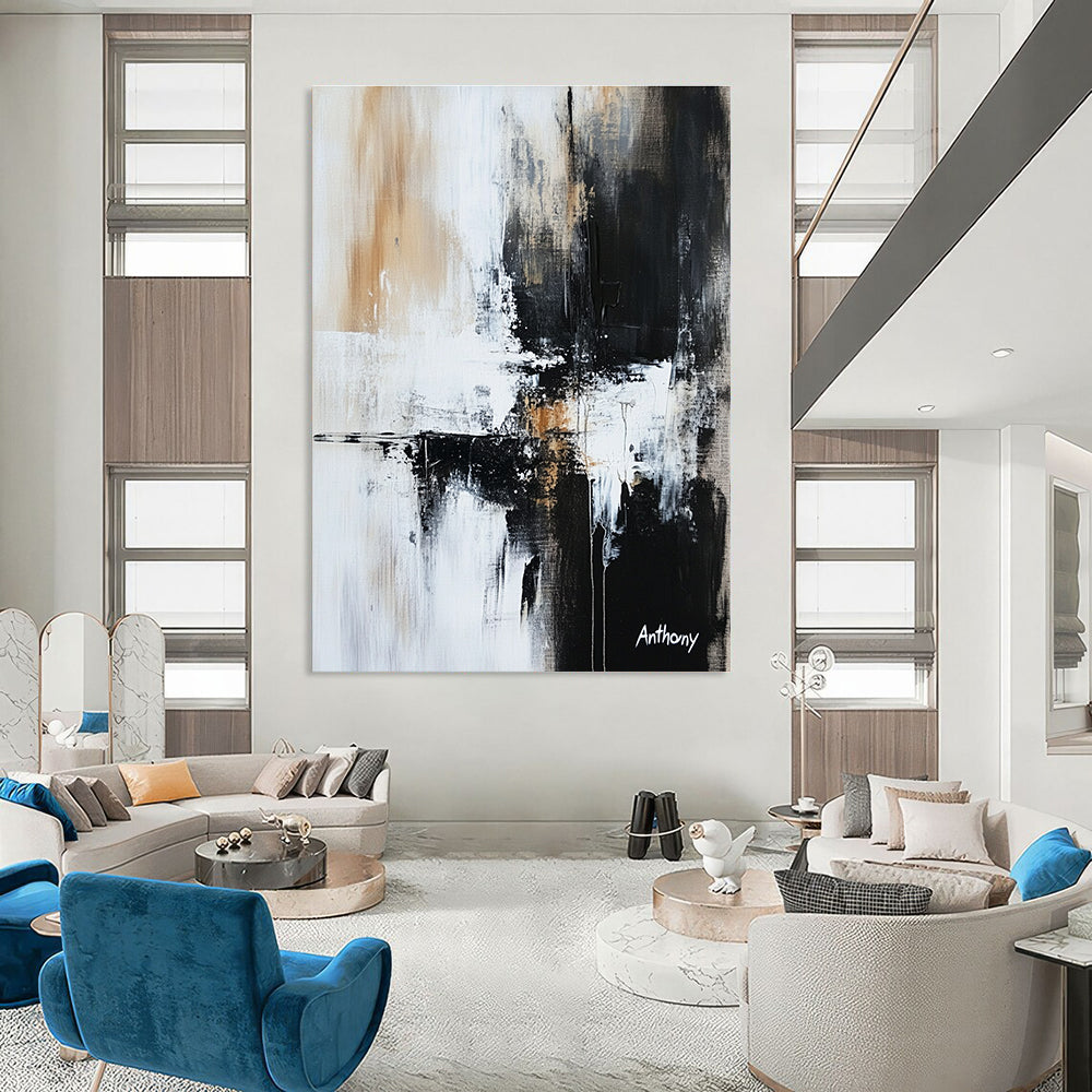 Large abstract painting in black white and gray featuring textured brush strokes and ink spots evoking contemplation and introspection.STSC741