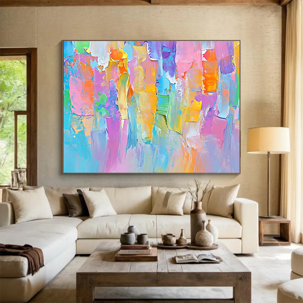 Large abstract painting featuring soft pastels and bold lines, evoking springtime joy with vibrant colors and playful brushstrokes.SC185