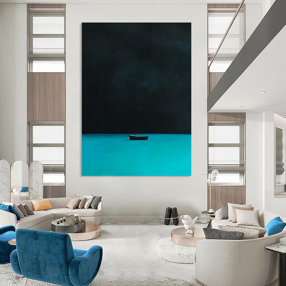 A large abstract painting depicting a distant boat on turquoise waters under a night sky inspired by David Hockney's style.STSC1198