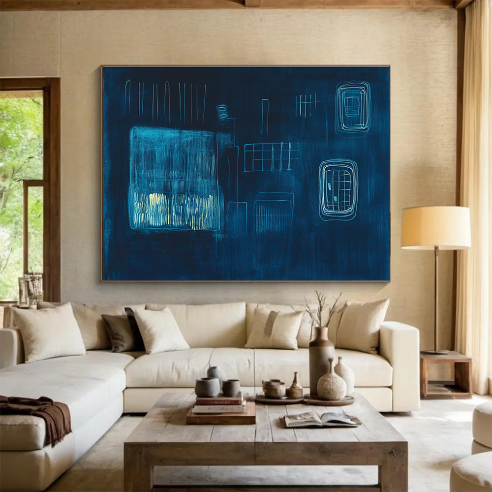 Dark Blue Abstract Composition Painting with Light Blue Lines DYP506
