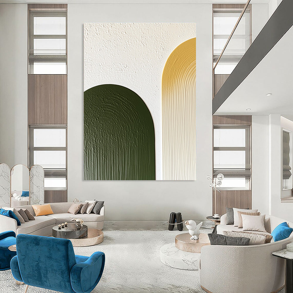 Abstract artwork featuring olive green and mustard yellow half-arches on a textured white wall with minimalist simple lines.STSC964