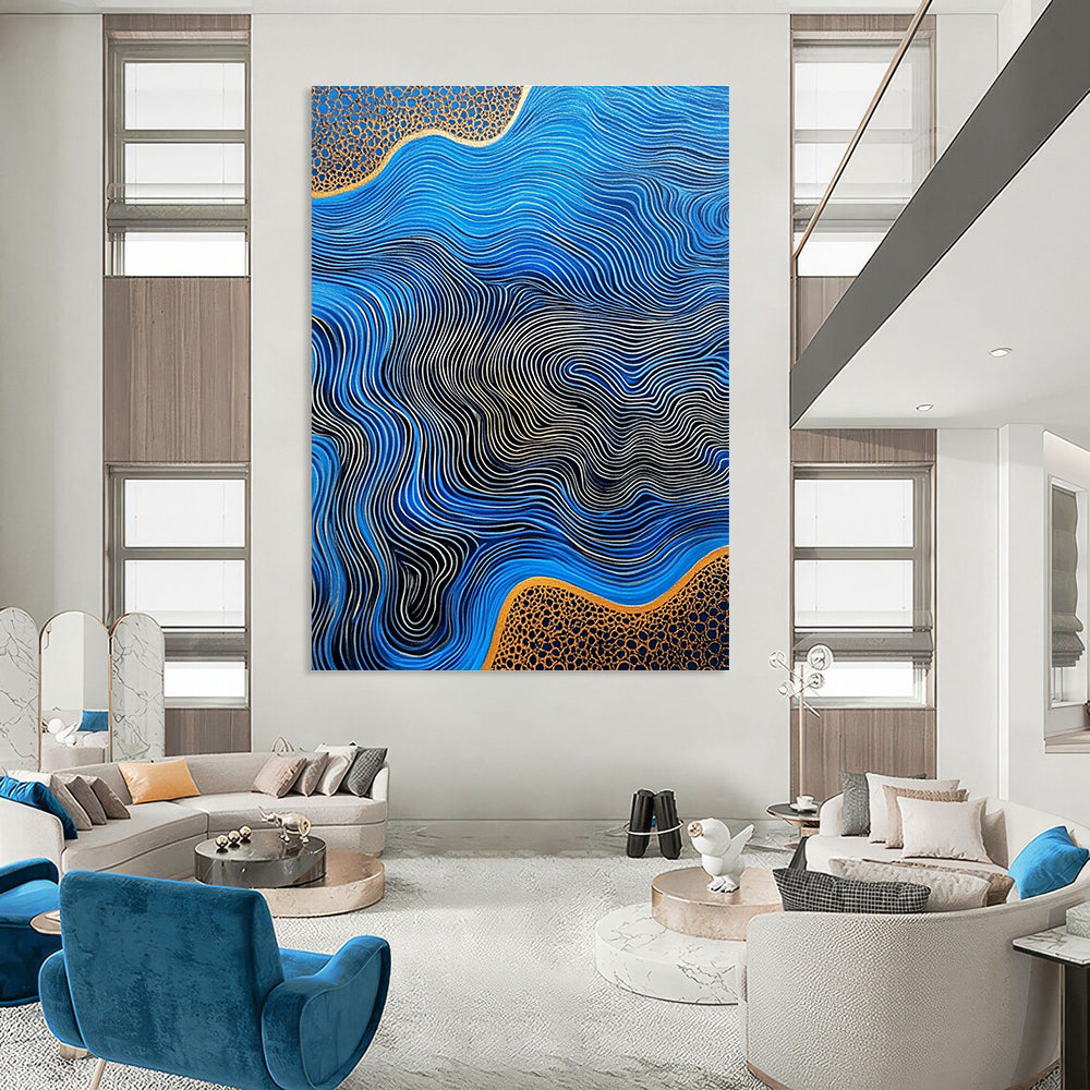 Large abstract artwork featuring flowing river patterns on blue agate with gold lines and a striking high contrast color palette.STSC957