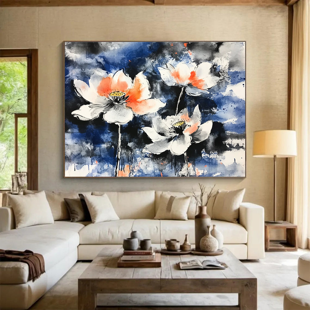 A large abstract painting featuring blooming lotus flowers with orange and white petals against a blue background using traditional Chinese brushstroke techniques.SC580