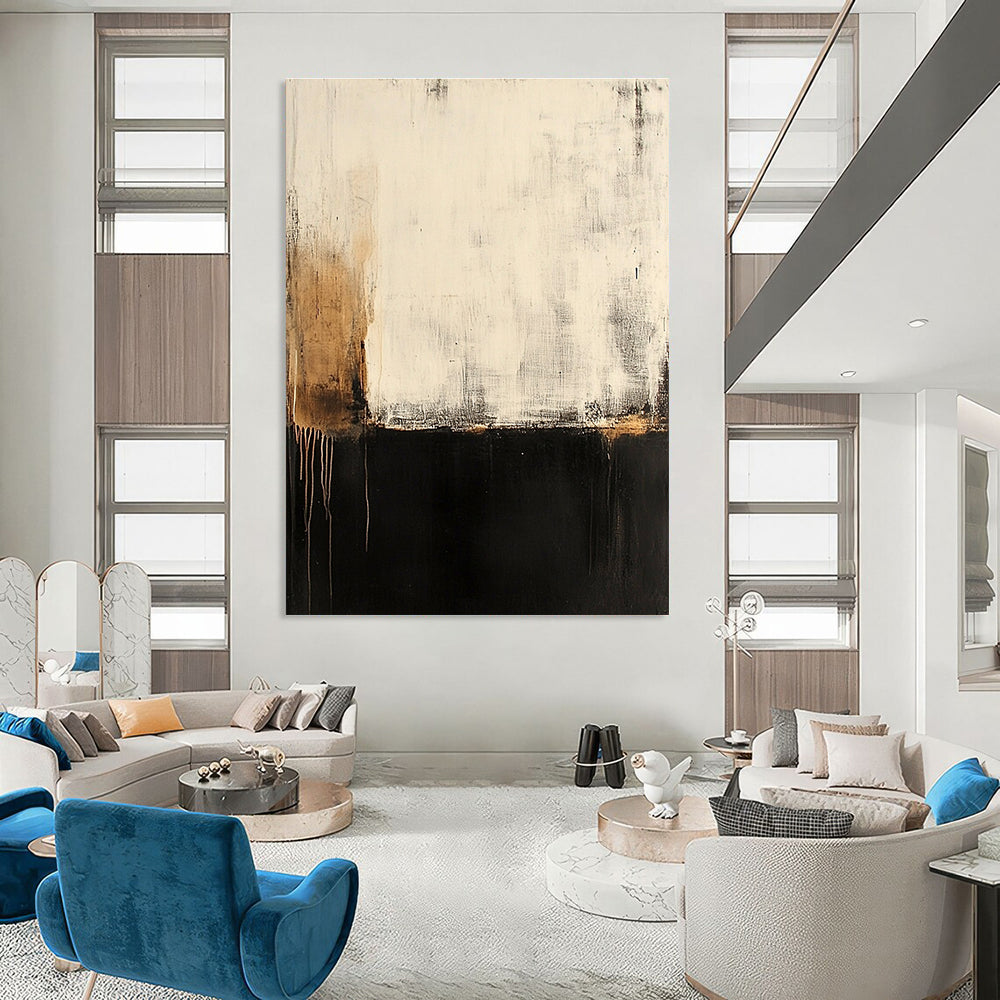 Large abstract painting of a serene old wall with peeling paint and rusted accents in soft muted tones of black gray and gold.STSC606